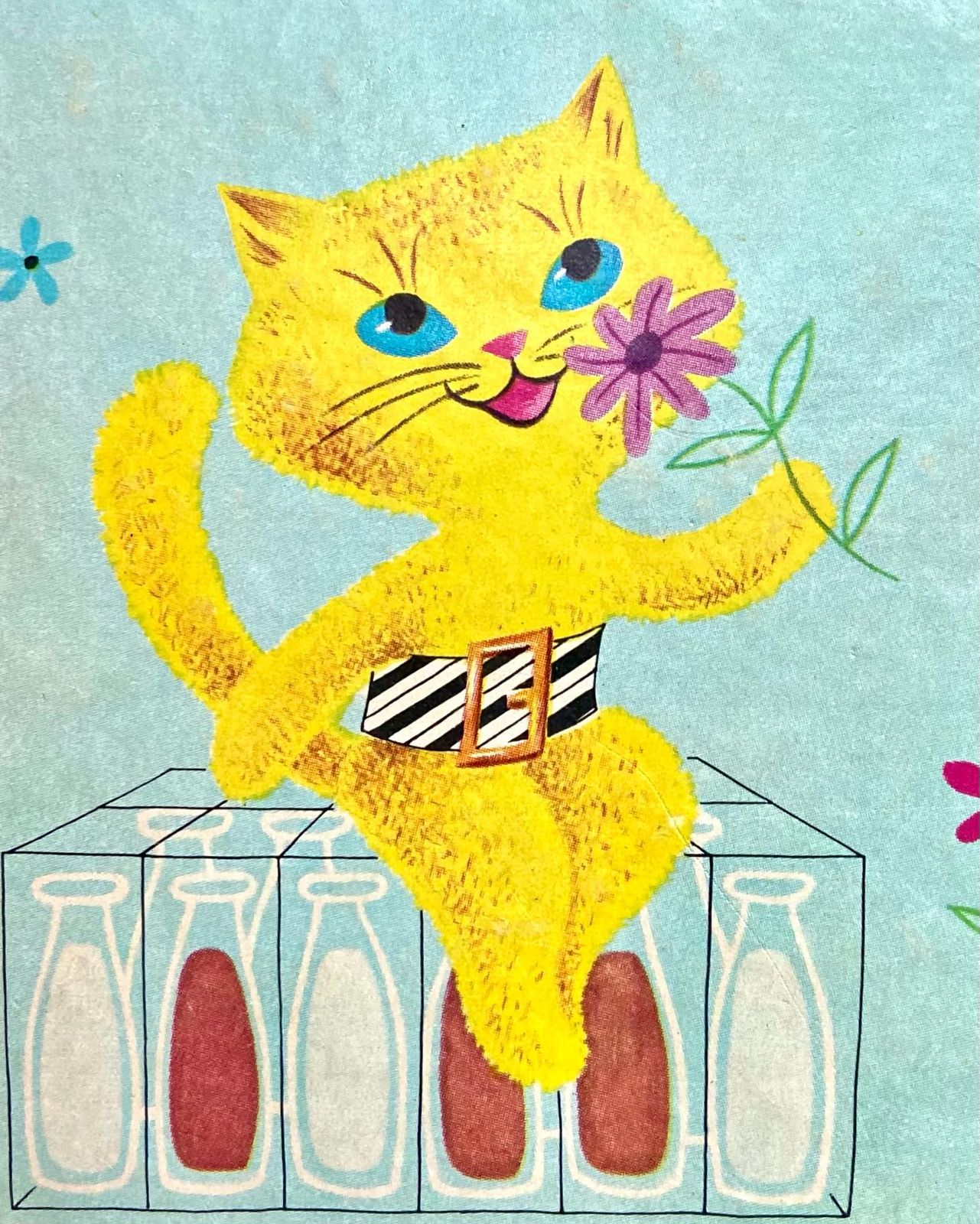 A stray kitten knows just where to go when he’s hungry, and *spoiler alert* finds his forever home with the kind milkman. Happy Caturday! 🐱
Illustrations by Ruth Ruhman from “Cecil Kitten” by Eva Grant, 1968